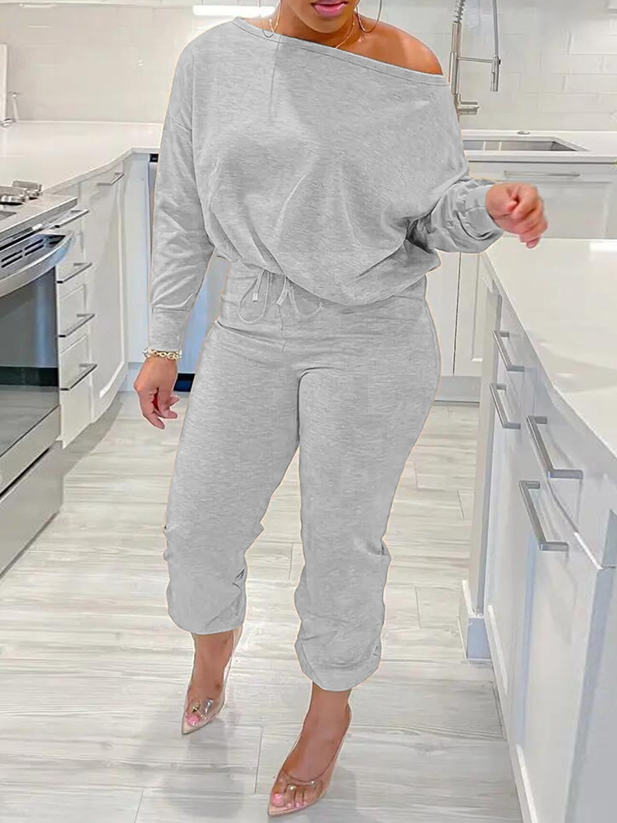 LovelyWholesale Plus Size Inclined Neck Drawstring Loose Pants Set Fall Long Sleeve Casual Drawstring Round Neck  3X Spring Summer 2024