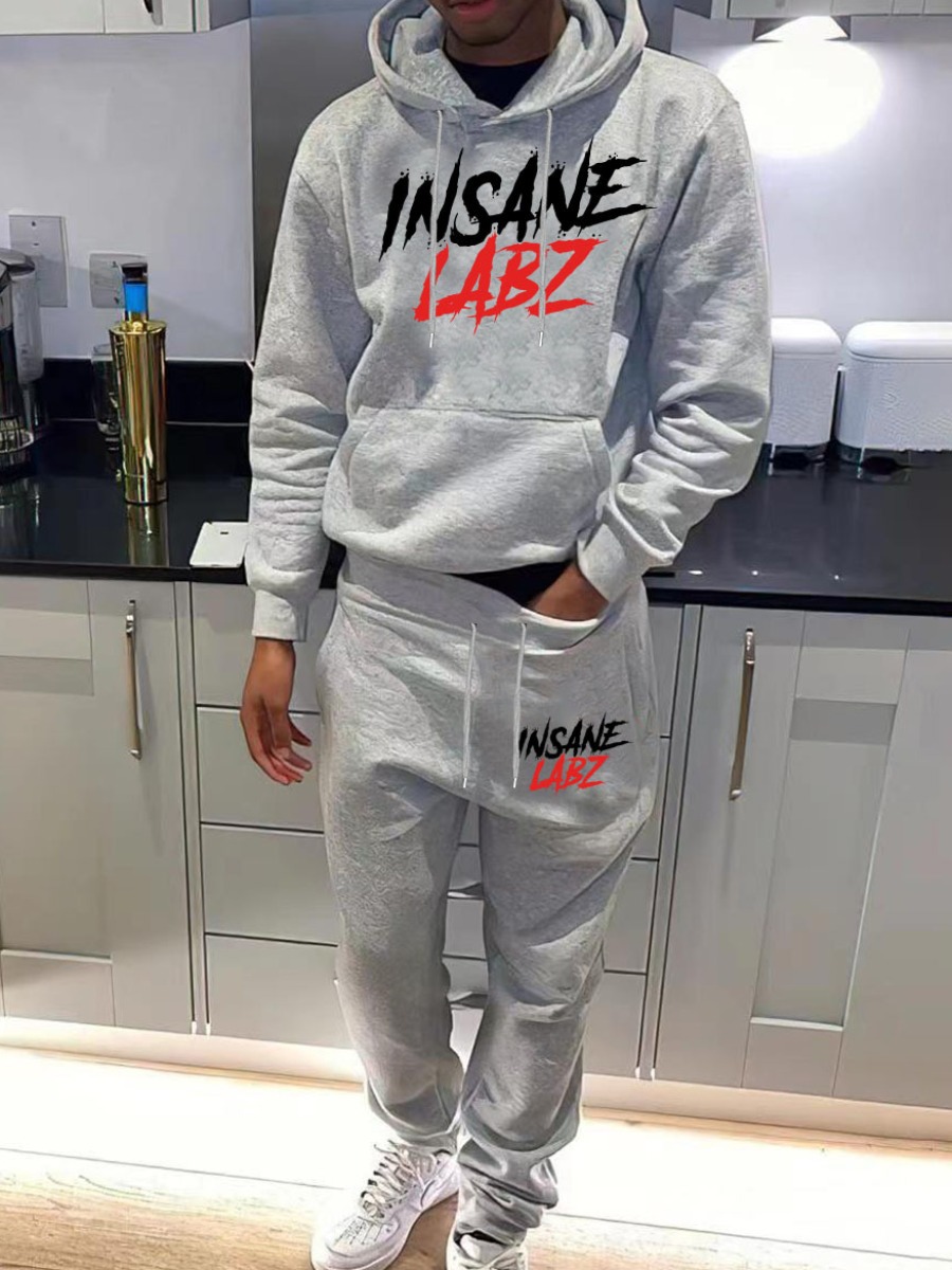 LW Men Letter Print Kangaroo Pocket Tracksuit Set