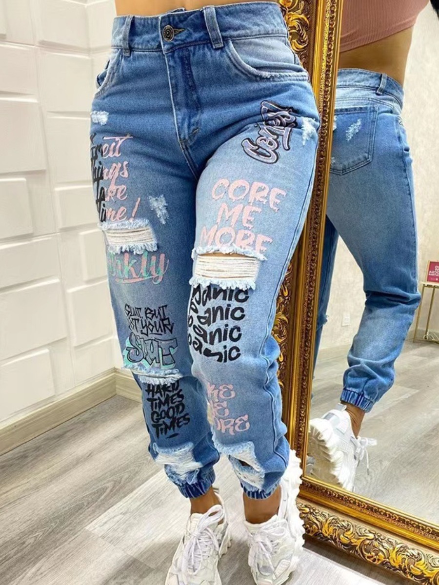 LovelyWholesale Graffiti Letter Print Ripped Jeans Spring|Fall Nine Points Sleeve Street Spring Summer 2024