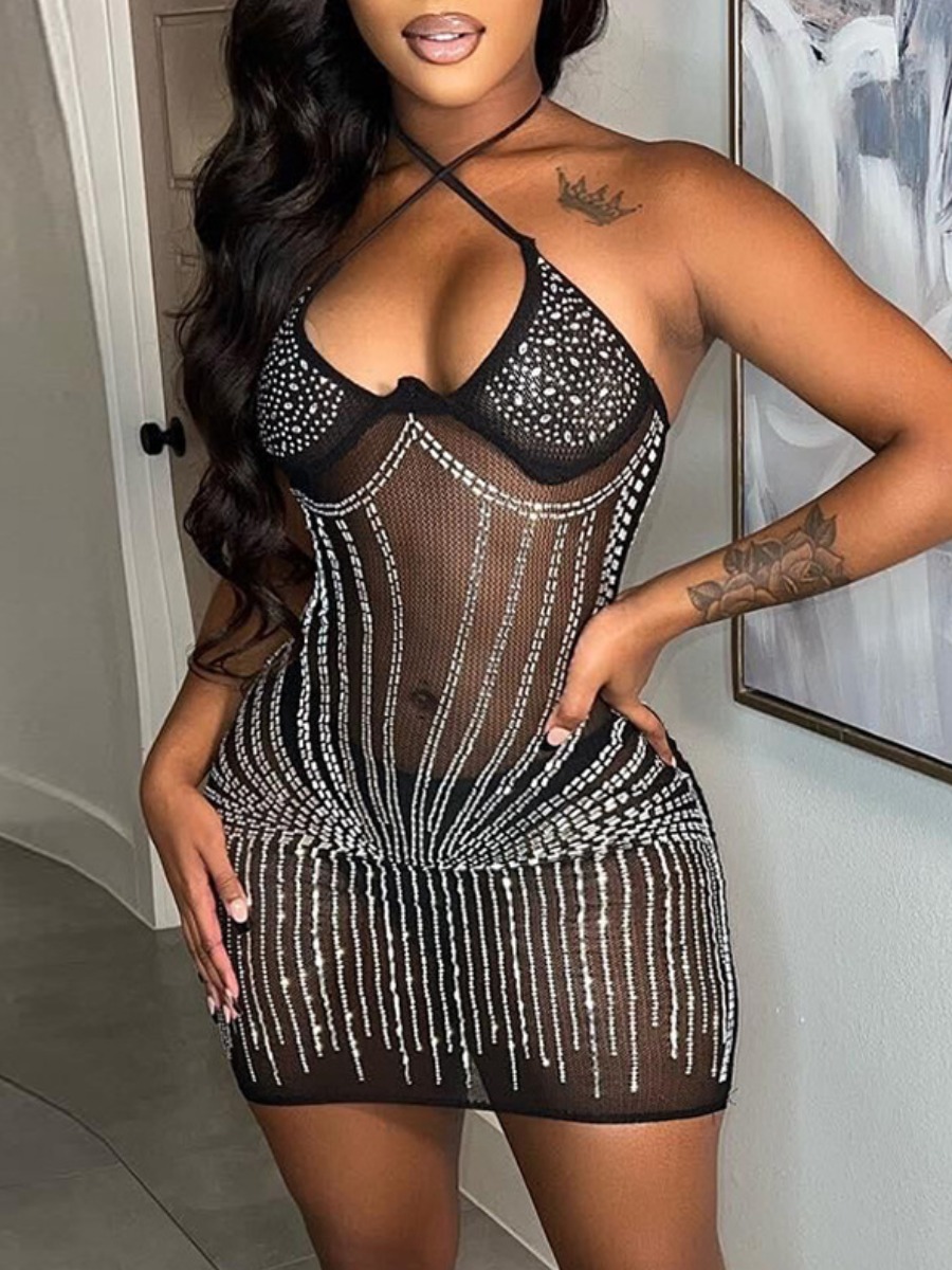 LW SXY See Through Backless Rhinestone Bodycon Dress