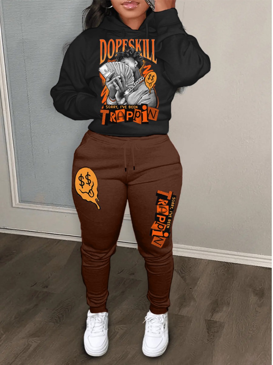 LW Figure Money Letter Print Kangaroo Pocket Tracksuit Set
