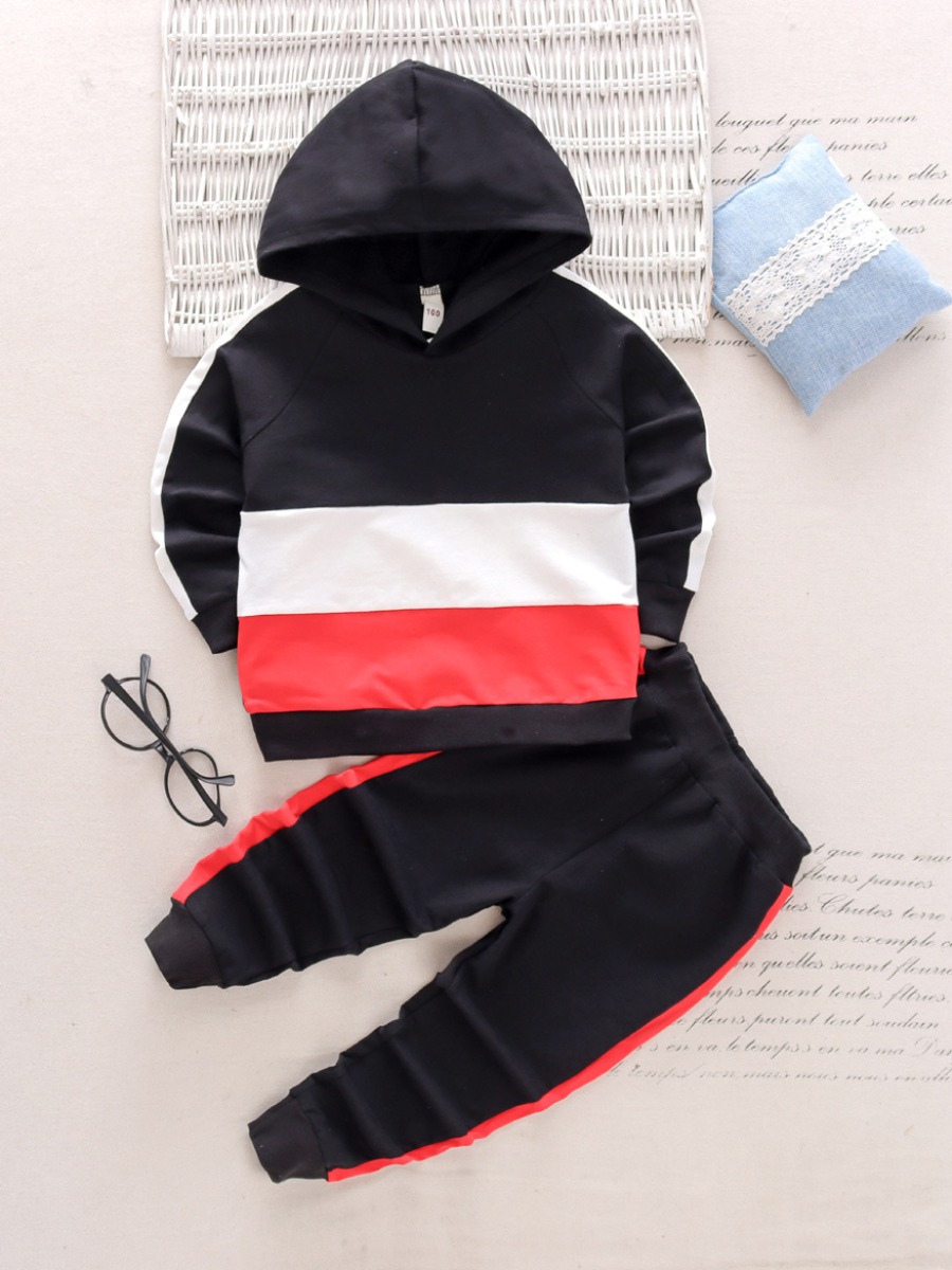 LW Boy Hooded Collar Striped Patchwork Pants Set