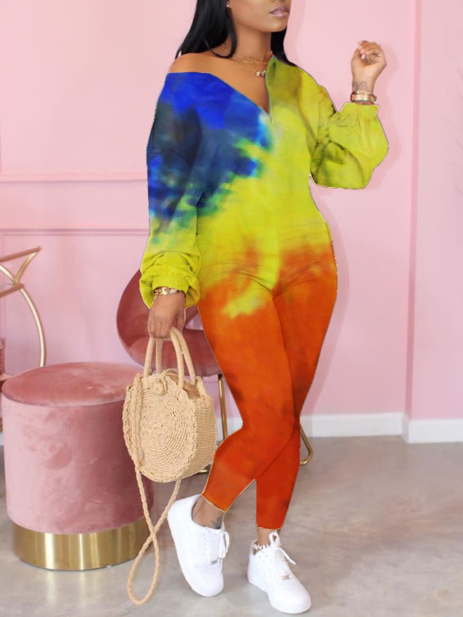 LW Plus Size V Neck Tie Dye Skinny Jumpsuit