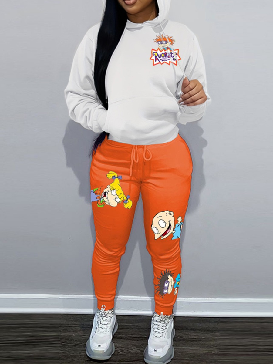 LW Plus Size Cartoon Letter Print Kangaroo Pocket Tracksuit Set