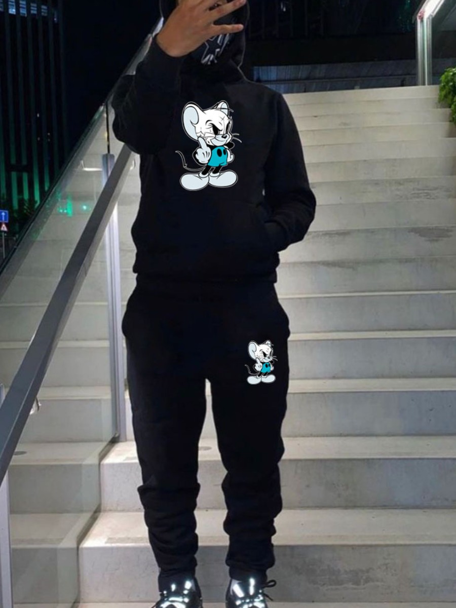 LW Men Cartoon Print Kangaroo Pocket Tracksuit Set