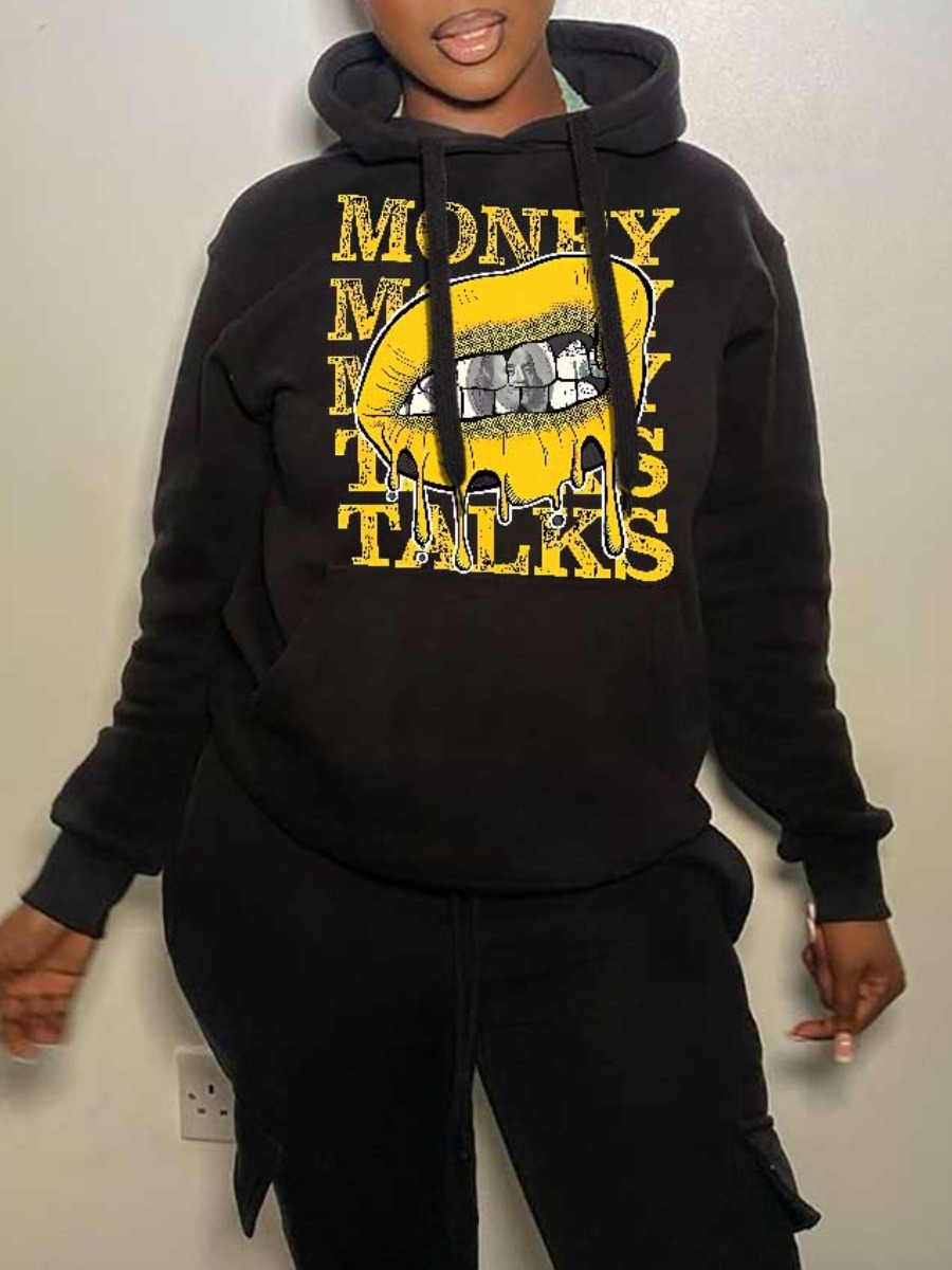 LW Plus Size Lip Letter Print Kangaroo Pocket Hoodie