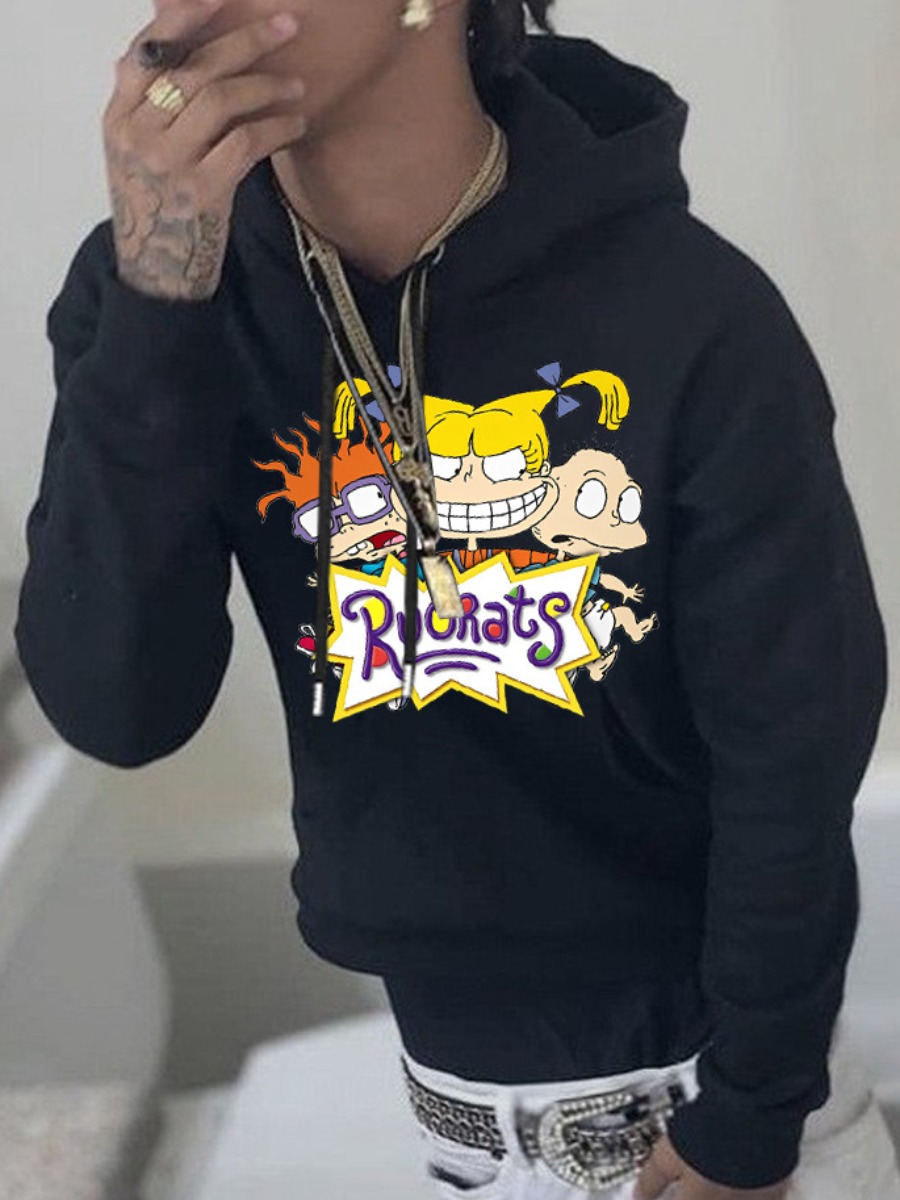 LW Men Cartoon Letter Print Kangaroo Pocket Hoodie