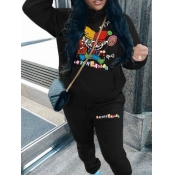 LW Plus Size Cartoon Letter Print Kangaroo Pocket 