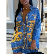 LW Plus Size Button Design Mixed Printing Shirt Dr