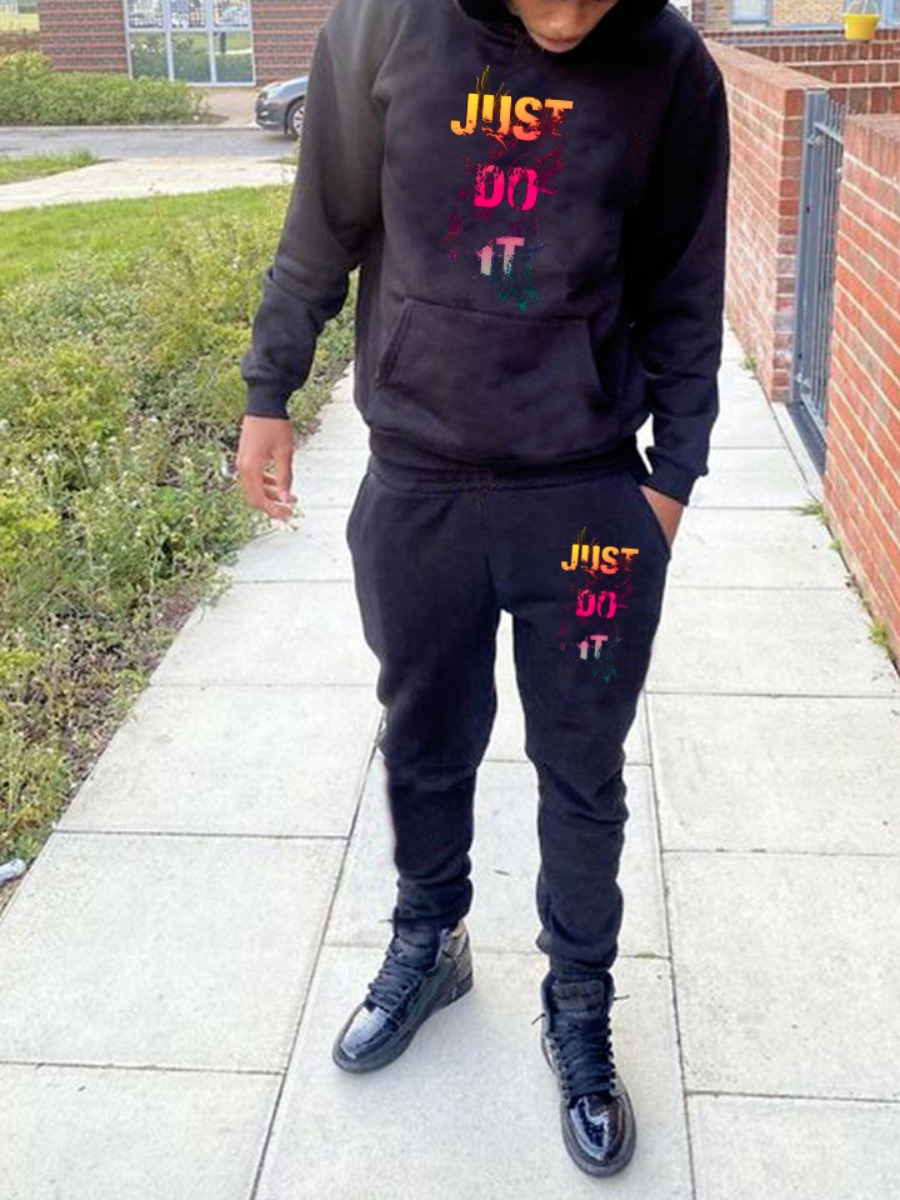 LW Men Just Do It Letter Print Kangaroo Pocket Tracksuit Set