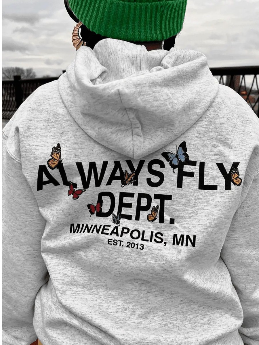 LW Butterfly Letter Print Kangaroo Pocket Hoodie