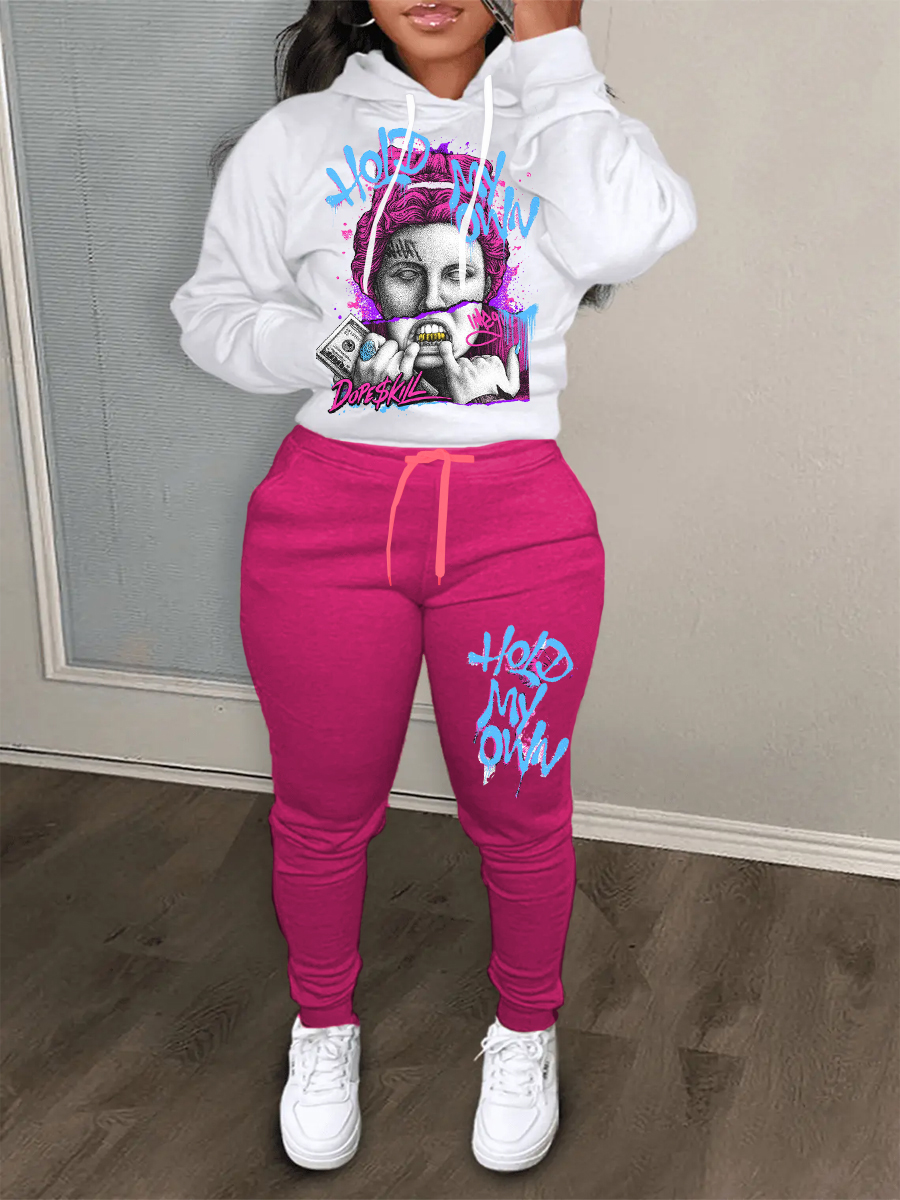 LW Plus Size Figure Letter Print Kangaroo Pocket Tracksuit Set
