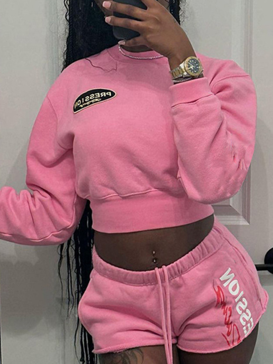 LovelyWholesale Letter Print Drawstring Shorts Set Spring Long Sleeve Street Round Neck Spring Summer 2024