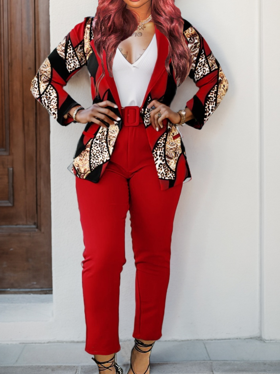 LW Leopard Print Belt Design Blazer Pants Set