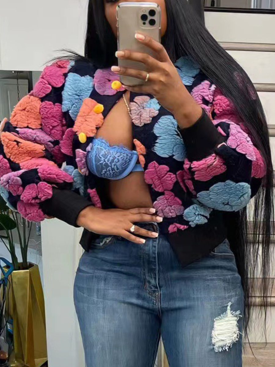 LovelyWholesale Pattern Breasted Embroidery Loose Coat&Jacket Fall Nine Points Sleeve Casual Round Neck Spring Summer 2024