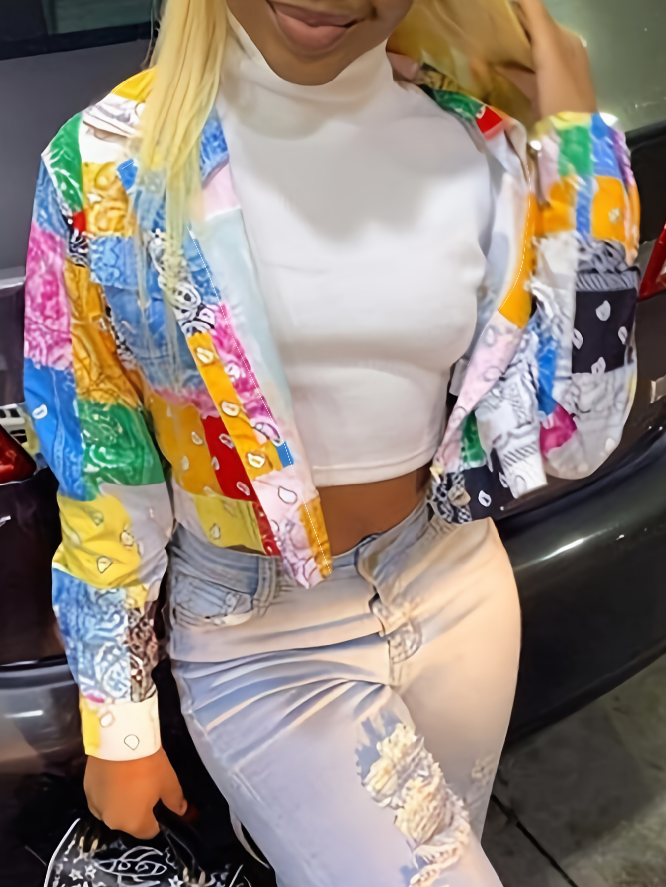 LovelyWholesale Turndown Collar Mixed Print Jacket Fall Long Sleeve Casual Basic Turndown Collar Spring Summer 2024