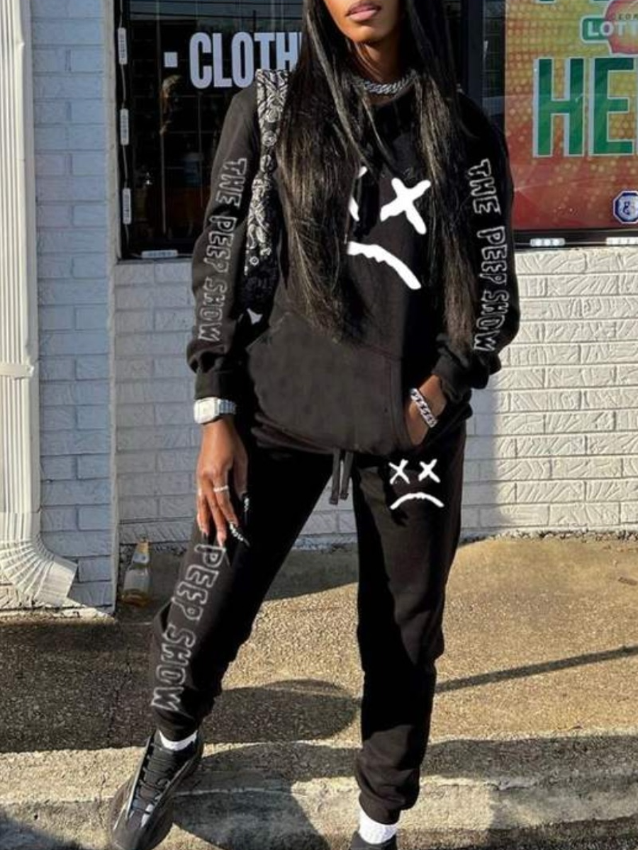 LovelyWholesale Letter Print Kangaroo Pocket Tracksuit Set Fall Long Sleeve Casual Pattern Hooded Collar Spring Summer 2024