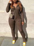 LW BASICS Plus Size Turndown Collar Rib Knit Pants Set