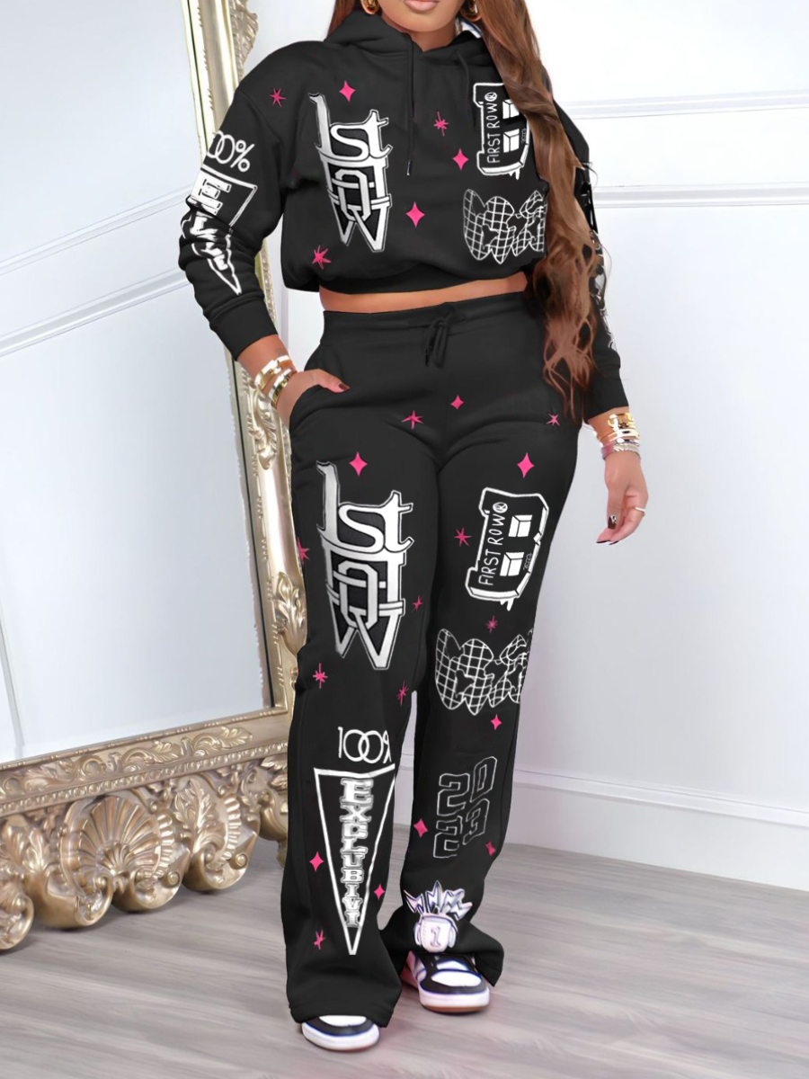 LovelyWholesale Hooded Collar Pocket Design Letter Print Pants Set Fall Long Sleeve Casual Hooded Collar Spring Summer 2024