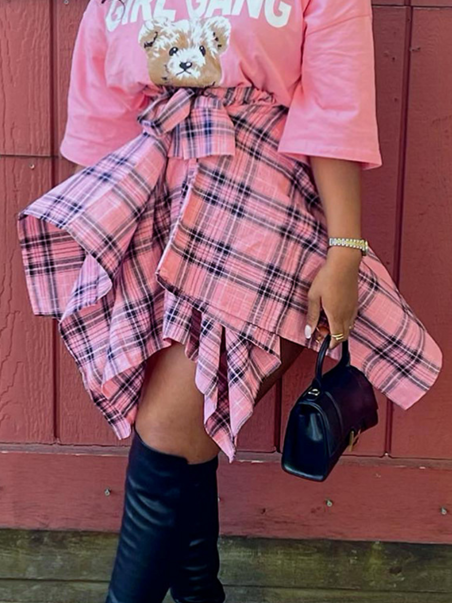 LW Plus Size Plaid Print Asymmetrical Skirt