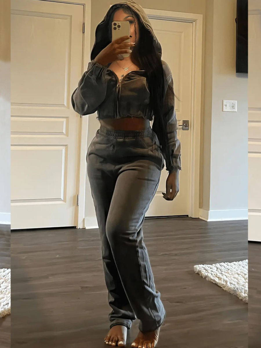 LW BASICS Crop Top Raw Edge Pants Set