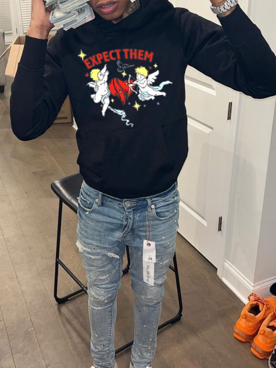 LW Men Star Cartoon Letter Print Kangaroo Pocket Hoodie