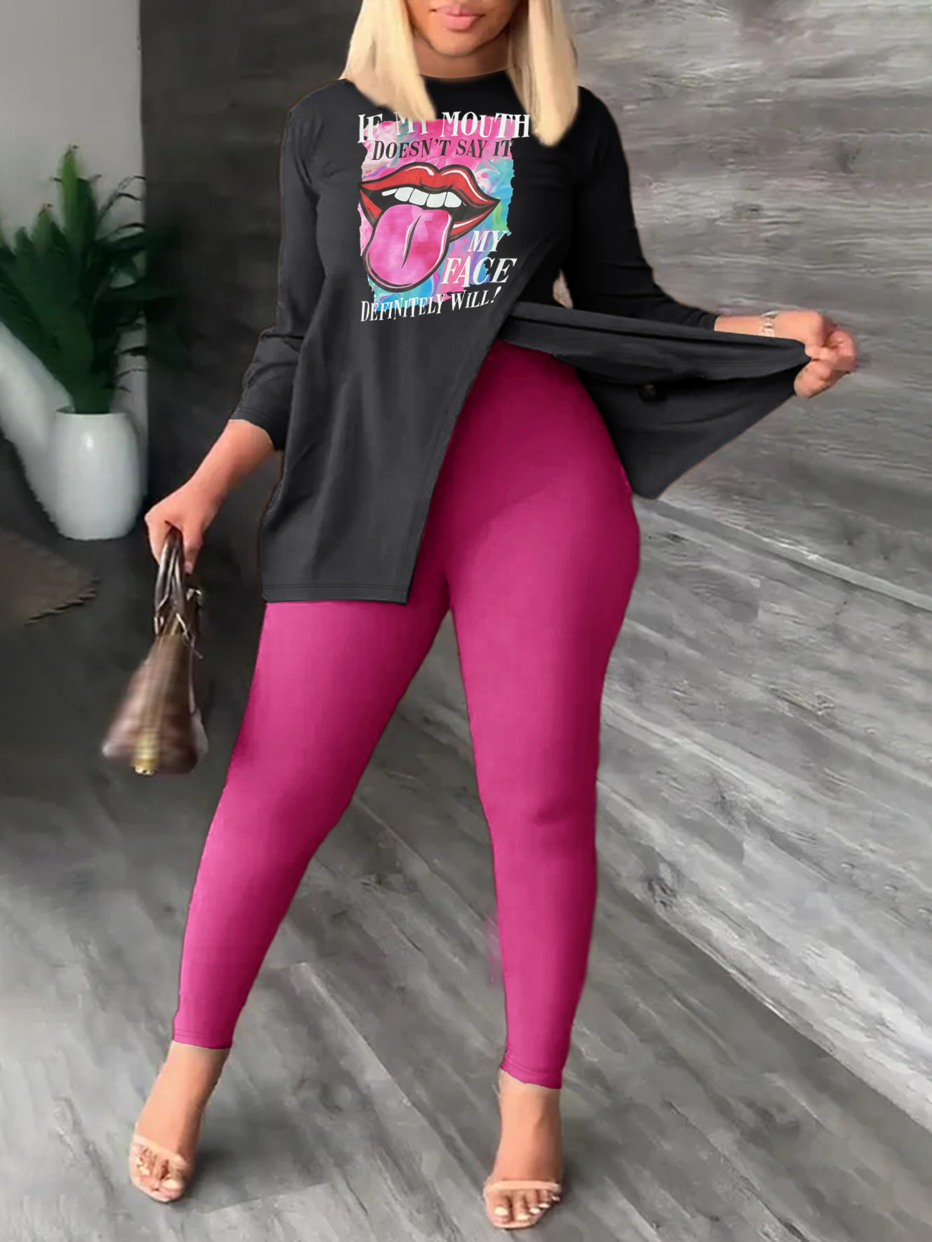 LW Plus Size Letter Lip Print Split Pants Set