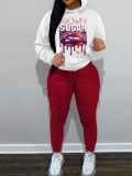 LW Plus Size Lip Letter Print Kangaroo Pocket Tracksuit Set