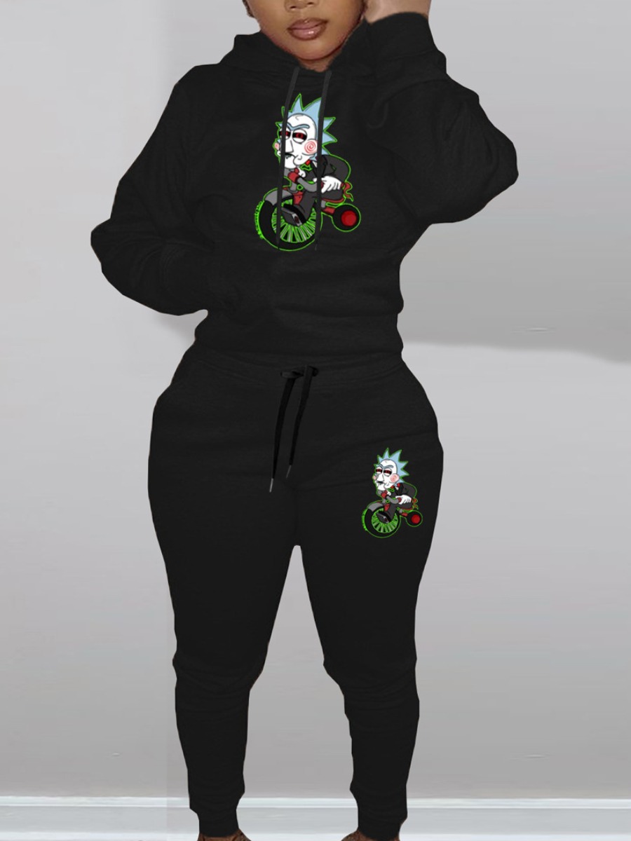 LW Plus Size Cartoon Print Kangaroo Pocket Tracksuit Set