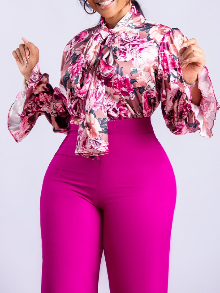 LW Plus Size Tie Neck Floral Print Ruffle Design Pants Set