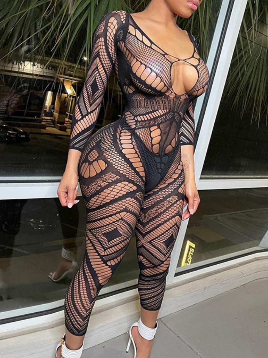 LovelyWholesale SXY See Through Pierced Skinny Jumpsuit Fall Long Sleeve Sxy See Through U Neck Spring Summer 2024