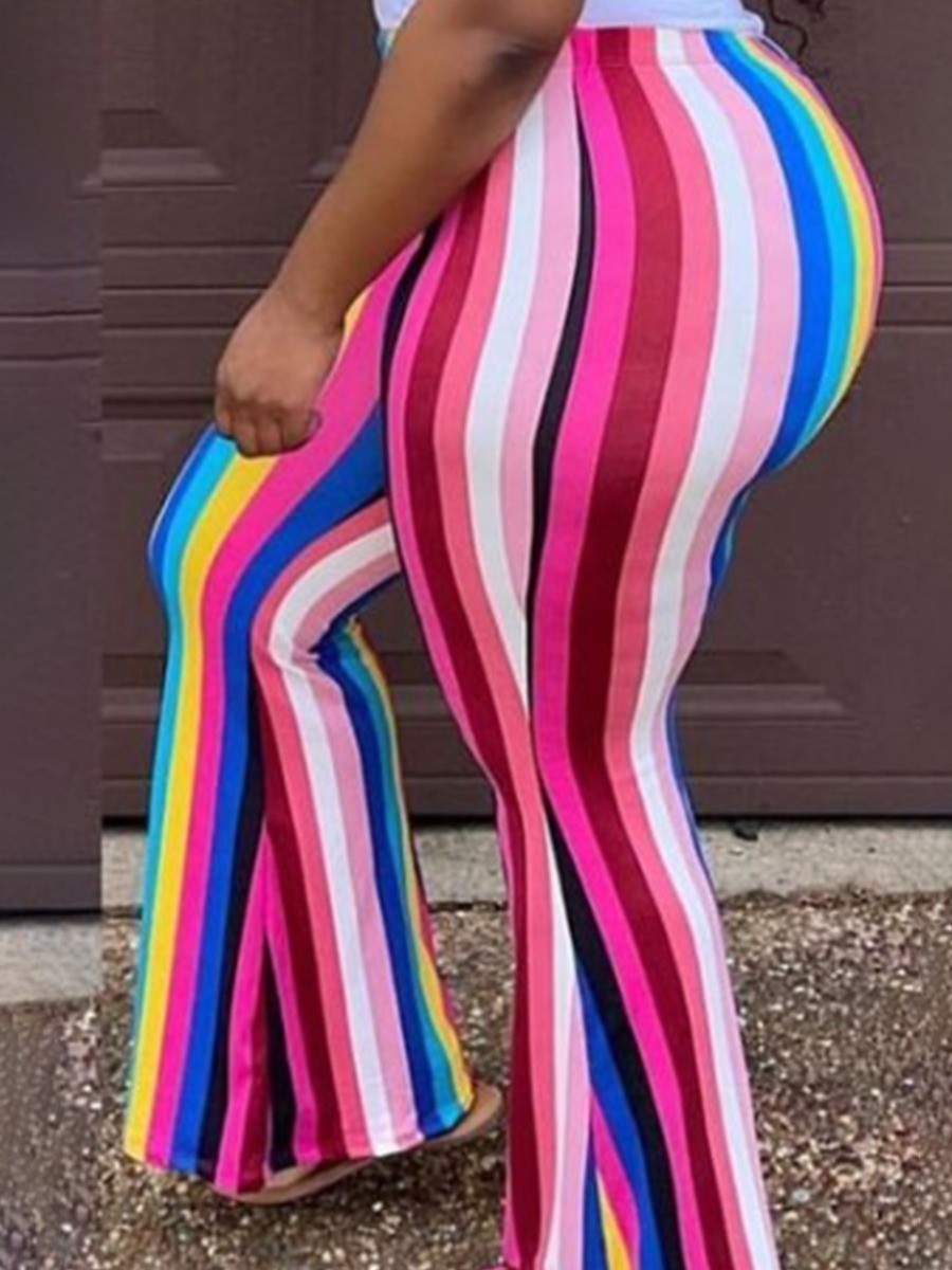 LovelyWholesale Plus Size High Waist Rainbow Striped Flared Pants Spring|Fall Casual Pattern  4X Spring Summer 2024