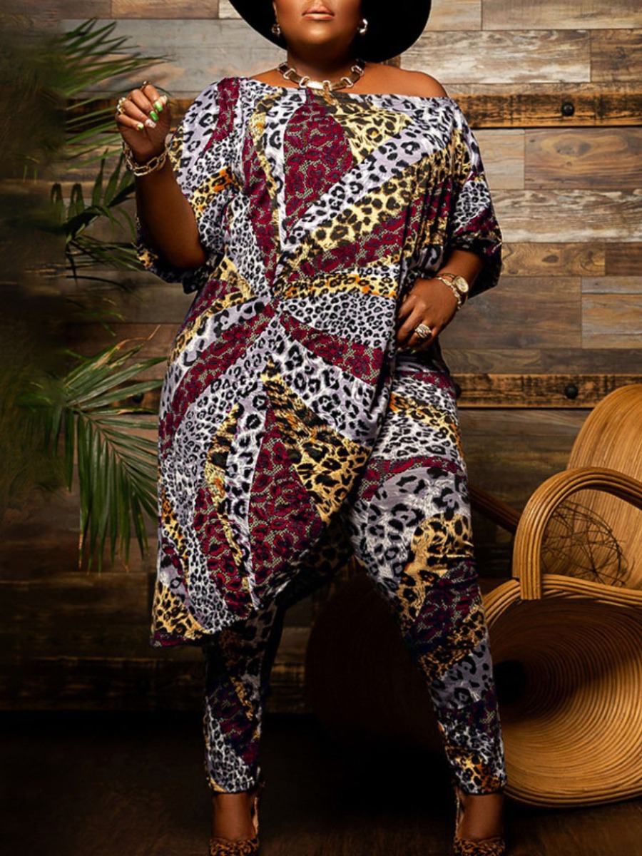 LW Plus Size Inclined Neck Leopard Print Asymmetrical Pants Set