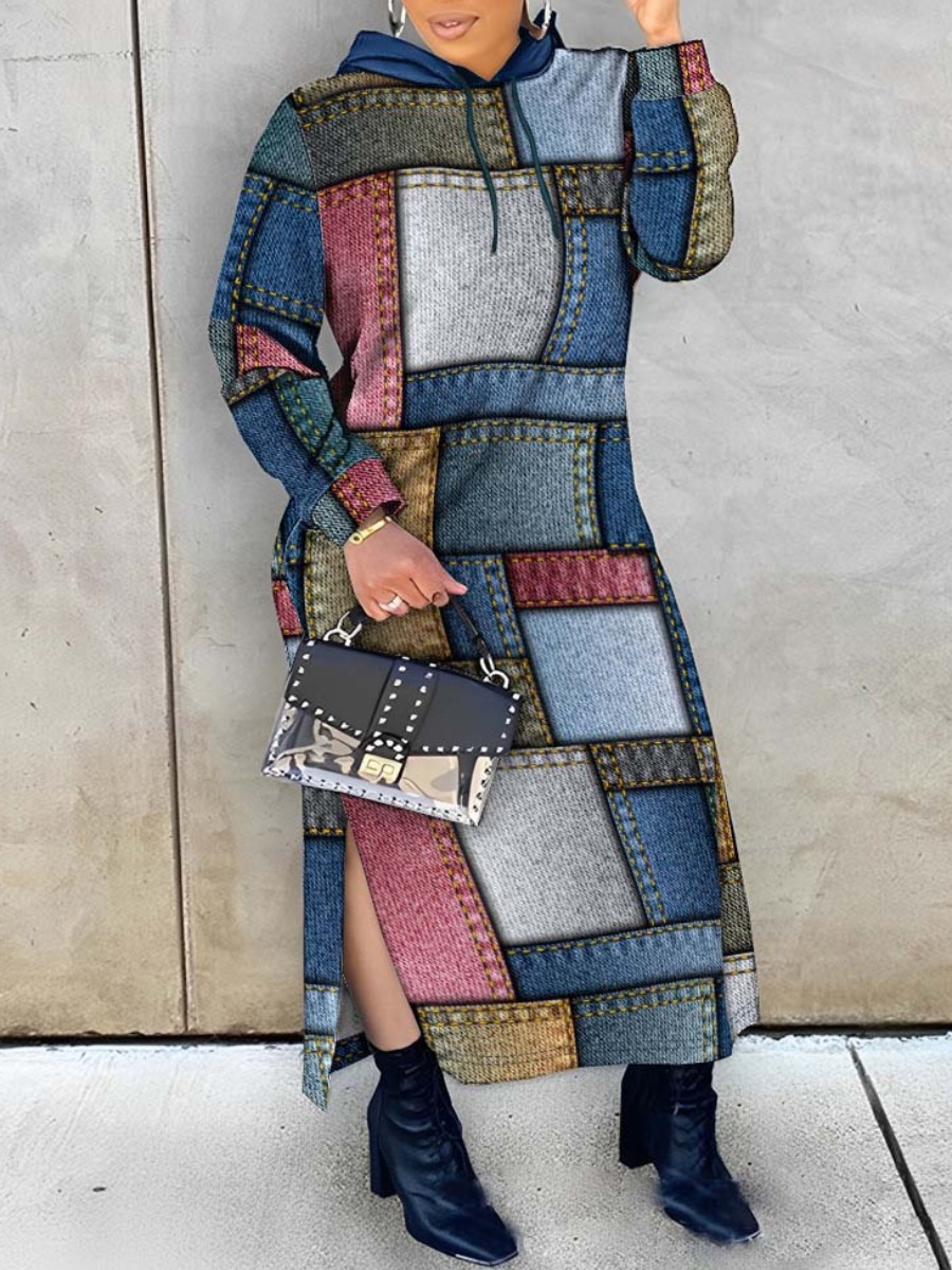 LovelyWholesale Plus Size Imitation Denim Hooded Collar Sweat Dress Fall Long Sleeve Casual Hooded Collar  5X Spring Summer 2024