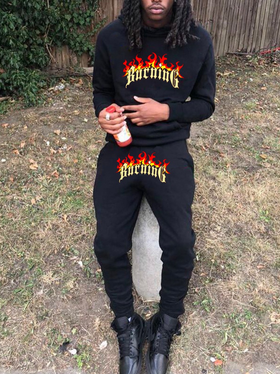 LW Men Blaze Letter Print Kangaroo Pocket Tracksuit Set