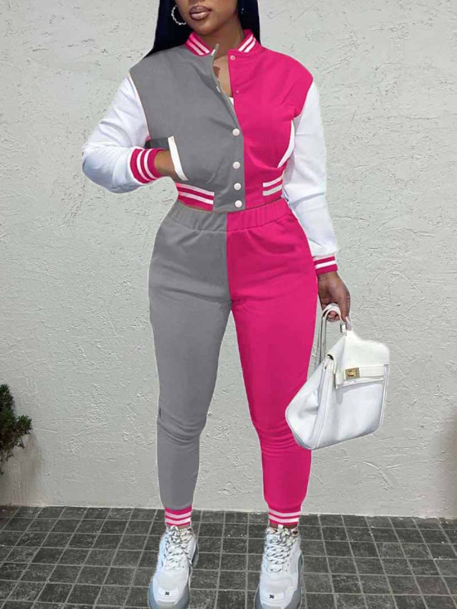 LW Patchwork Breasted Color Block Skinny Two-piece