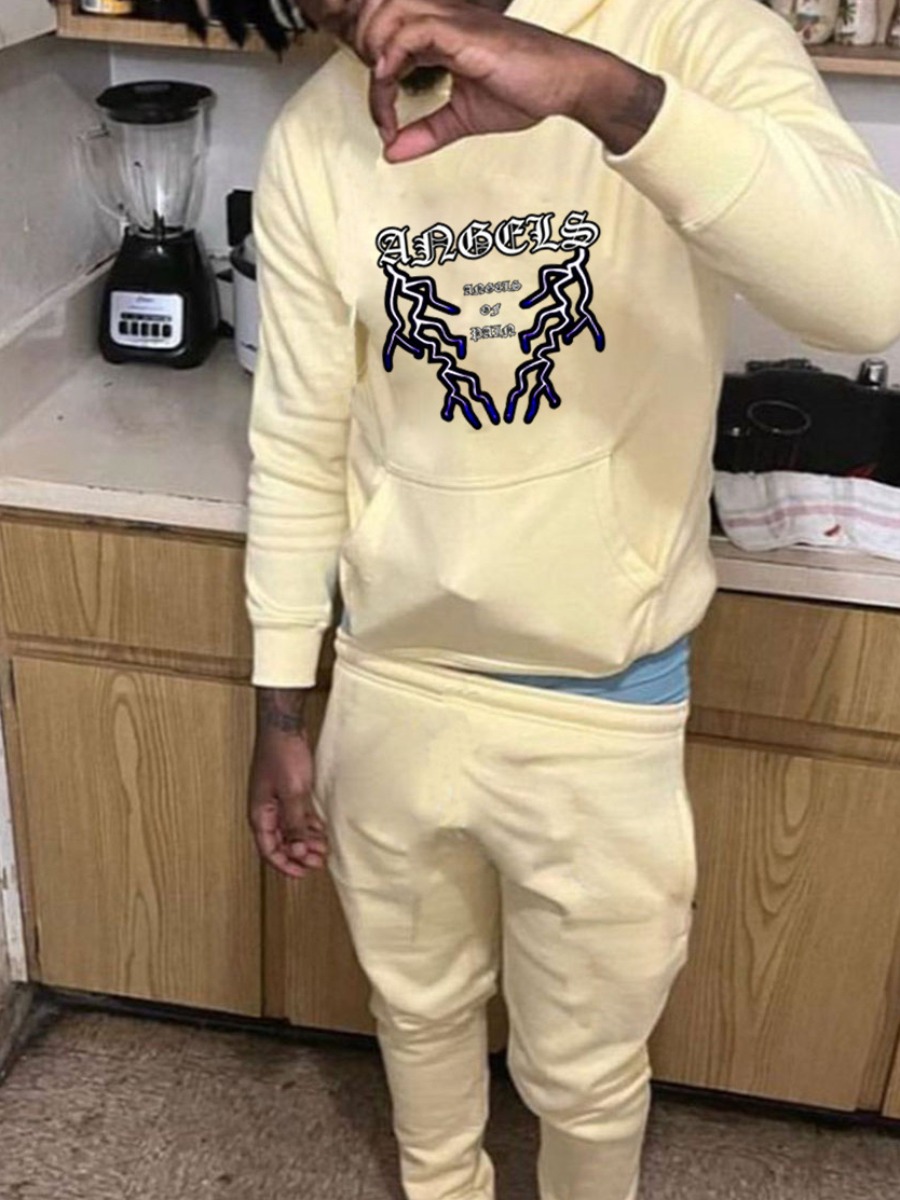 LW Men Letter Print Kangaroo Pocket Tracksuit Set