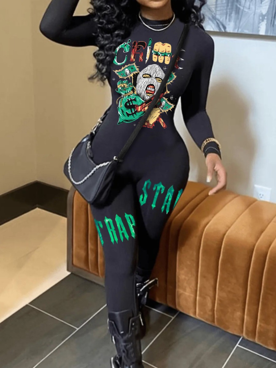 LW Masked Face Letter Print Skinny Jumpsuit