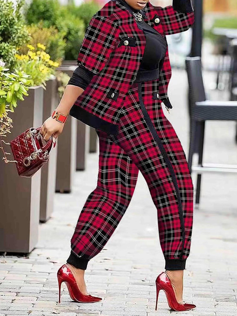 LW Plus Size Plaid Print Pocket Zipper Design Pant