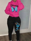 LW Plus Size Butterfly Letter Print Kangaroo Pocket Tracksuit Set