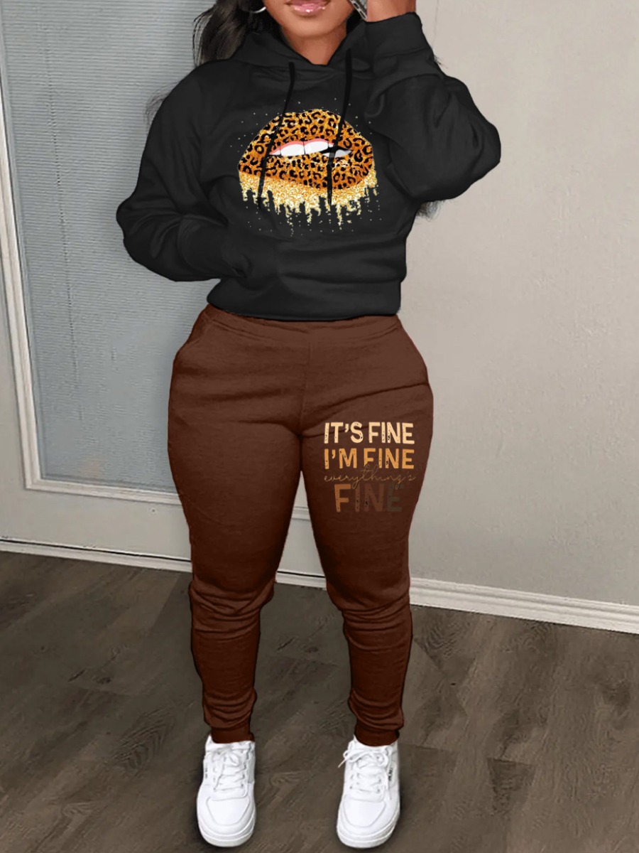 LW Plus Size Lip Letter Print Kangaroo Pocket Tracksuit Set