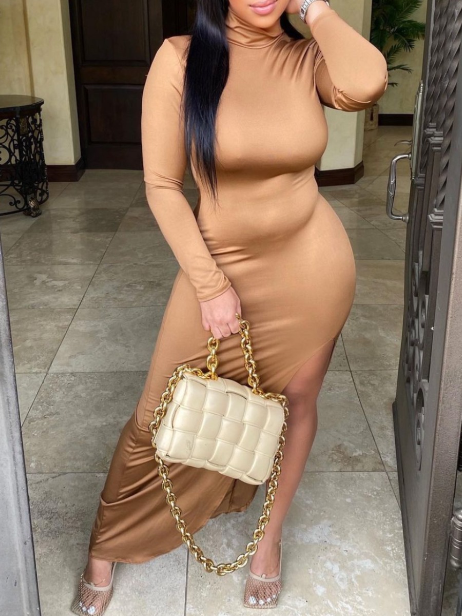 LW BASICS Turtleneck Side Slit Bodycon Dress