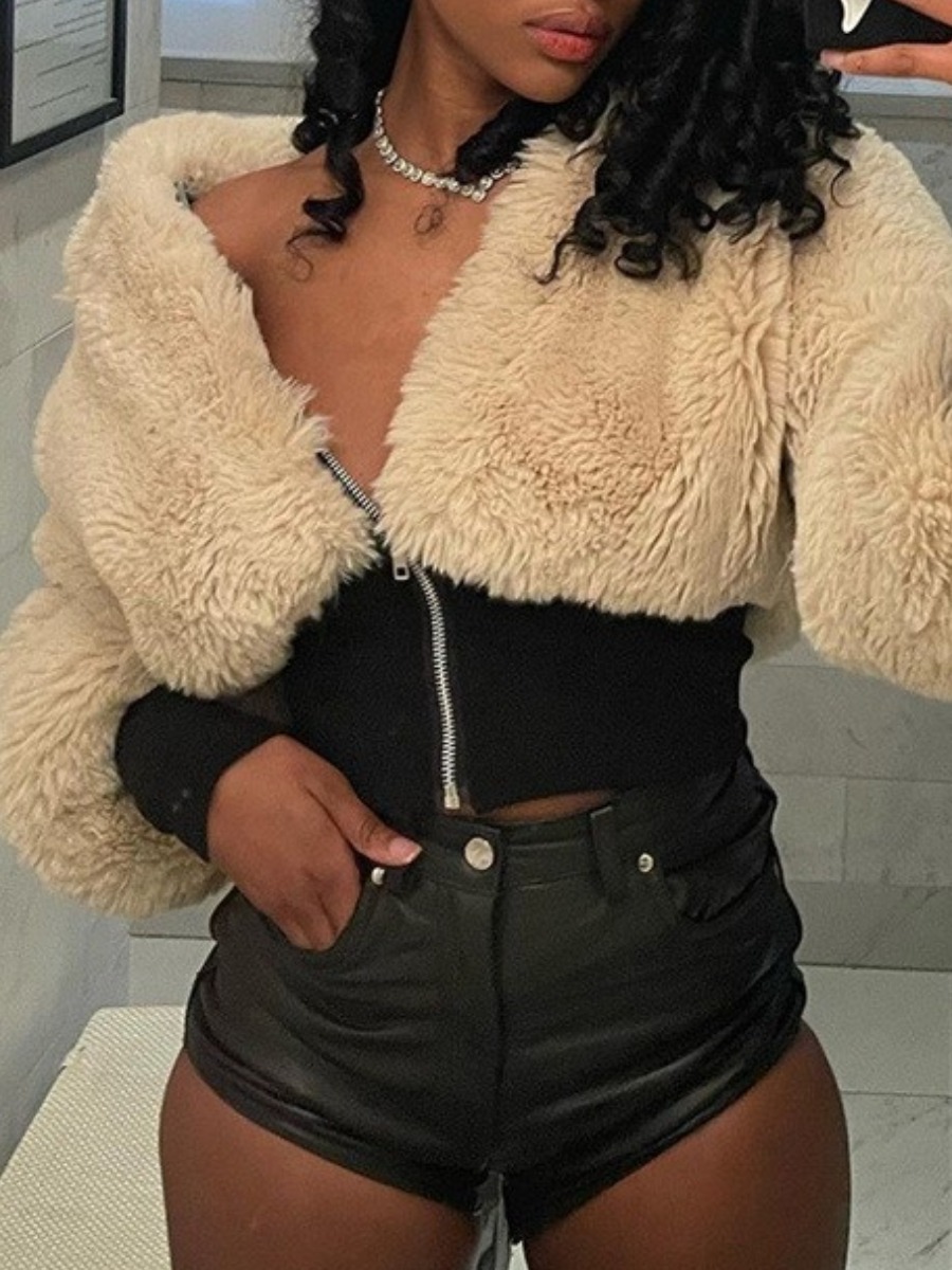 LovelyWholesale Zipper Design Teddy Jacket Fall Nine Points Sleeve Casual V Neck Spring Summer 2024