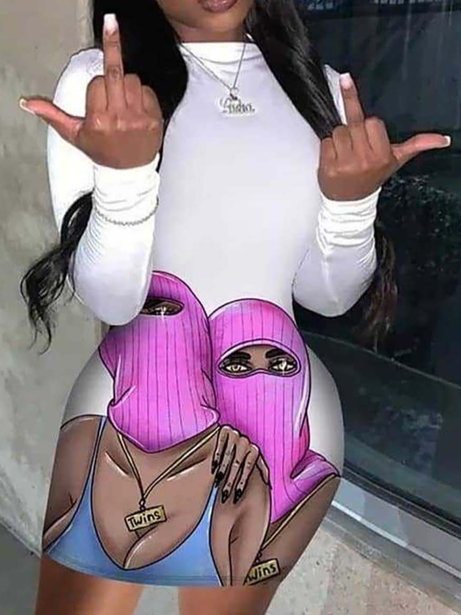 LovelyWholesale Plus Size Round Neck Masked Face Print T-shirt Fall Long Sleeve Casual Solid Color Round Neck  4X Spring Summer 2024