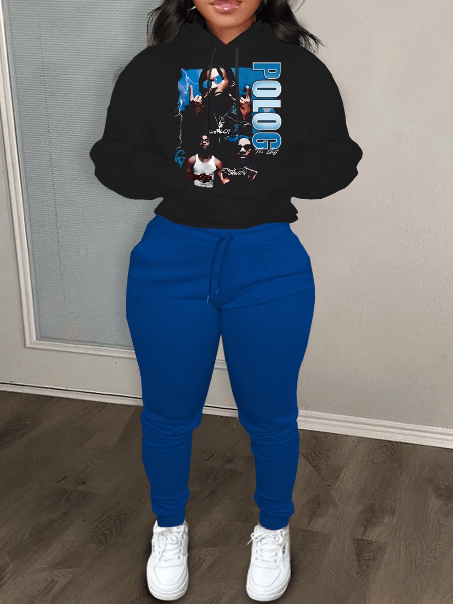 LW Plus Size Figure Letter Print Kangaroo Pocket Tracksuit Set