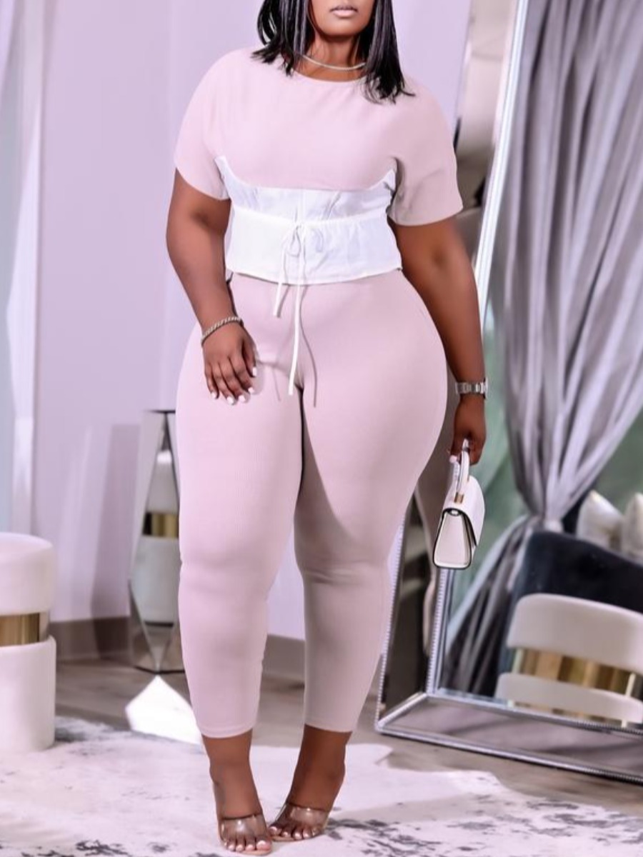 LovelyWholesale Plus Size Drawstring High Waist Pants Set Spring Short Sleeve Casual Bandage Design Round Neck  4X Spring Summer 2024
