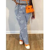 LW Mid Waist Floral Decor Low Stretchy Jeans