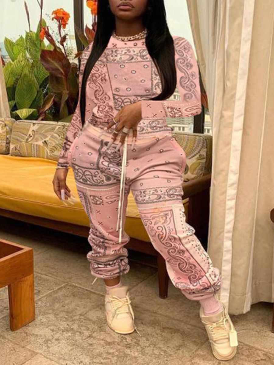 LovelyWholesale Plus Size Cashew Print Drawstring Pants Set Fall Long Sleeve Casual Round Neck  4X Spring Summer 2024