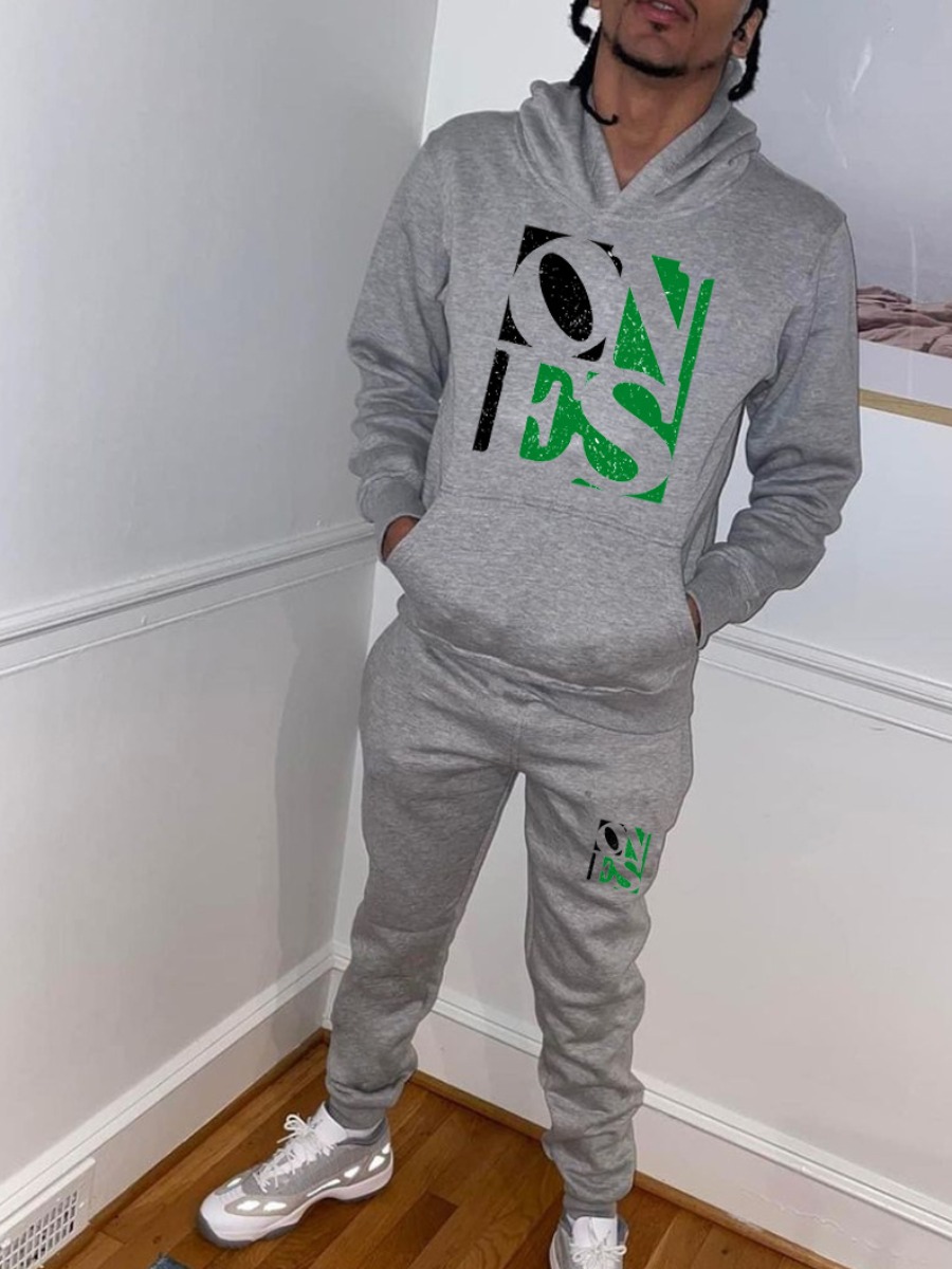 LW Men Letter Print Kangaroo Pocket Tracksuit Set