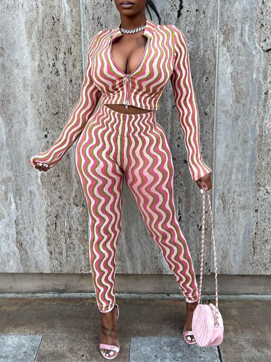 LW Crop Top Striped Skinny Pants Set